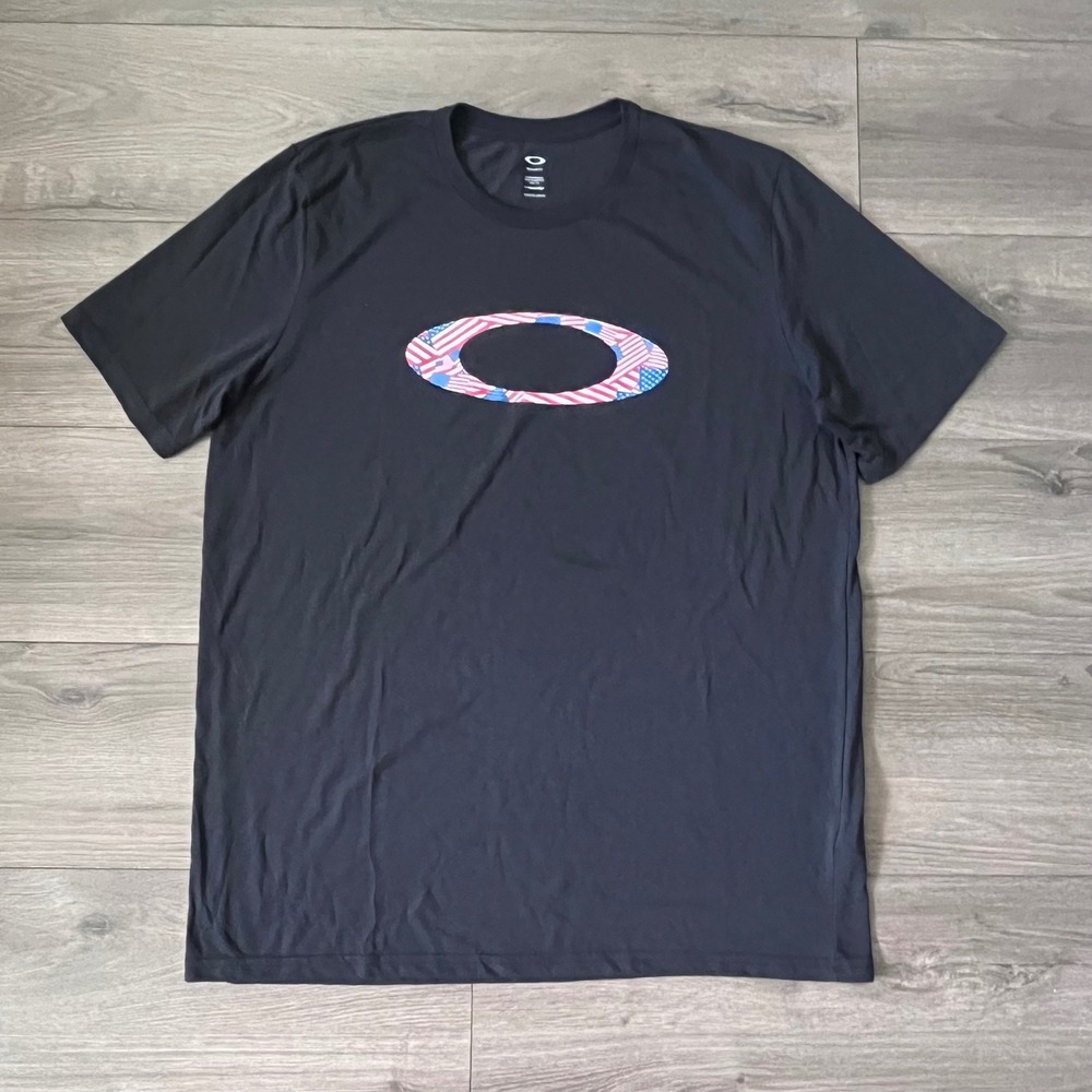 Oakley Mens T-Shirt 2XL Black American Flag Ellipse Logo Ohydrolix Regular Fit